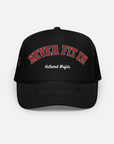 "NEVER FIT IN" ARC MESH TRUCKER HAT / BLACK/RED