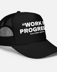 "WORK IN PROGRESS" MESH TRUCKER HAT / BLACK/WHITE